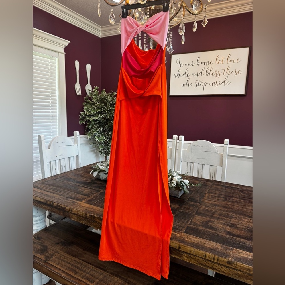 Vibrant Orange-Pink Satin Evening Gown